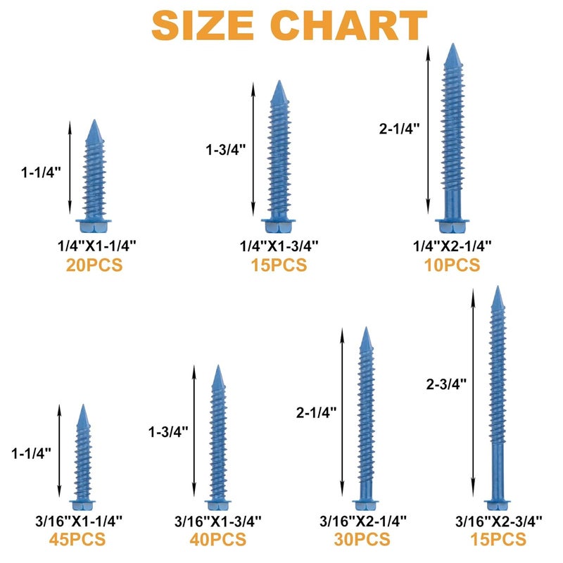 VIGRUE Concrete Screws Assortment Kit 1/4" x 1-1/4" to 2-1/4" and 3/16" x 1-1/4" to 2-3/4" 175PCS Hex Head Cement Screws Set Diamond Point for Anchoring to Masonry, Block or Brick - Image 5